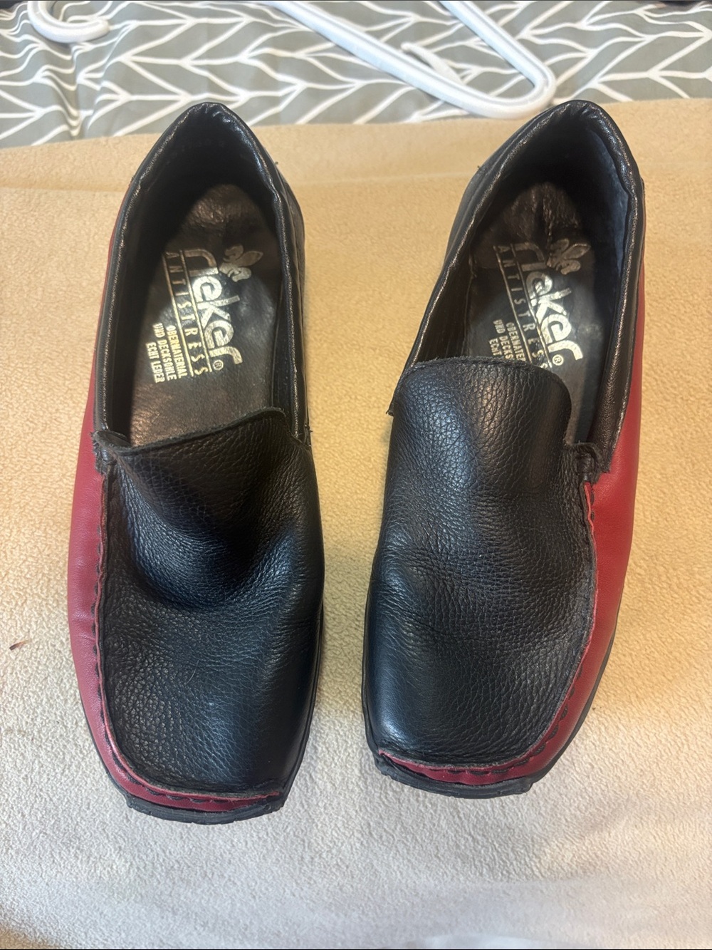 Rieker Black Leather Slip-On Loafers with Red Side Panels
